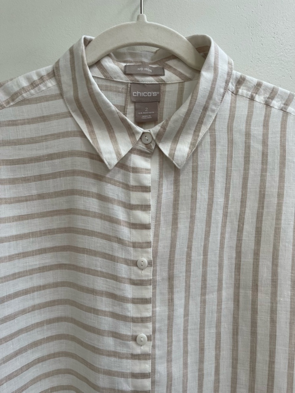 Chico's No-Iron Linen Button Front Shirt tan white stripe 3/4 sleeves 2 12/14 - Picture 6 of 14